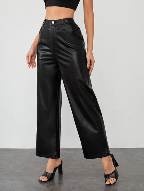 Metallic Pants, Black Wide Leg Pants, Shein Pants, Looks Party, Leather Pants Women, Black Leather Pants, Leather Pant, Leather Trousers, High Waisted Shorts Denim