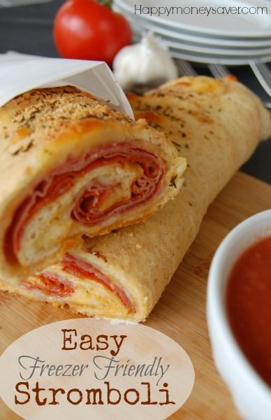 Ham and Cheese Stromboli Recipe. It makes my mouth water just thinking about it! | Happymoneysaver.com Freezing Homemade Stromboli, Make Ahead Stromboli Freezer Cooking, Easy Single Serve Freezer Meals, Make Ahead Calzones, Make Ahead Stromboli, Freezer Wraps Lunch, Freezer Dough Recipes, Freezer Sandwiches Make Ahead, Freezer Stromboli