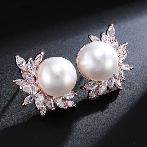 Classic Big Round Simulated Pearl Stud Earrings for Women Shinny Zirconia Crystal Bridal Wedding Party Fashion Jewelry CE0099E|Stud Earrings| - AliExpress Wedding Plugs, Rose Gold Pearl, Plug Earrings, Hippy Chic, Prom Earrings, Ring Der O, Bridal Earrings Pearl, Gauged Earrings, Plugs Earrings