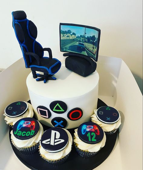 PlayStation gamer birthday cake and cupcakes with edible gaming chair and personalisation Gaming Cake Ideas, Gamer Birthday Cake, Gaming Cake, Playstation Cake, Xbox Cake, Cake Designs For Boy, Video Game Cakes, Cupcakes For Boys