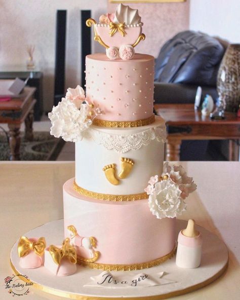 Baby Shower Cakes Girl Pink And Gold, Pink White And Gold Baby Shower Ideas, Pink And Gold Baby Shower Cake, Fairytale Baby Shower Cake, Rose Gold Baby Shower Cake, Pink And Gold Baby Shower Ideas, Girl Baby Shower Cake Ideas, Baby Shower Cakes Girl Pink, Baby Girl Baby Shower Cake