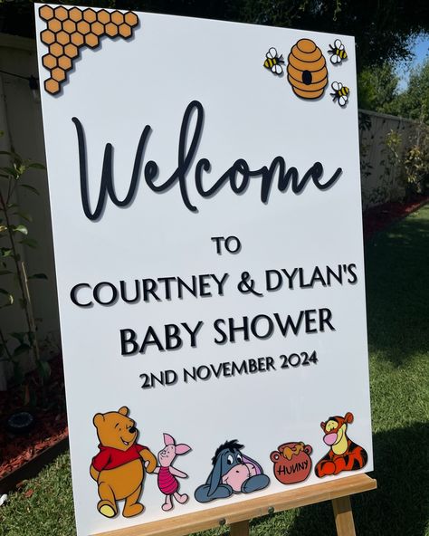 How bloody adorable is this Baby Shower Sign 🤩 Winnie the Pooh was the theme and I think we nailed it! Thanks Courtney & Dylan, for letting me get creative with this one 💙 #babyshower #babyshowersign #winniethepooh #babyshowerdecor #babyshowerideas #babyshowertheme #babyshowerdecorations #waggasmallbiz #rivbiz #giftidea #wagga #handmade #madewithlove #waggawagga #ShopSmall #custommade #eventsignage #waggabusiness #customdesign Winnie The Pooh Baby Shower Welcome Sign, Winnie The Pooh Baby Shower Ideas, Winnie The Pooh Baby Shower, Wagga Wagga, Baby Shower Sign, Pooh Baby, Event Signage, Shower Themes, Shower Sign