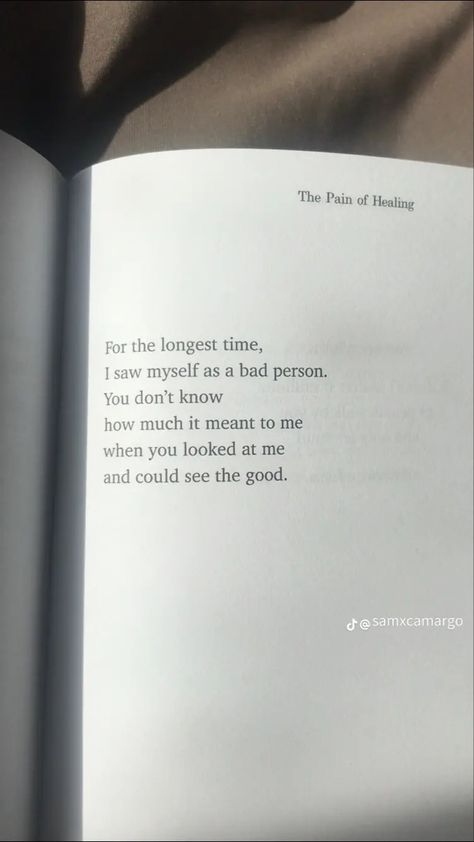 Book page, book quotes, the book the pain of healing, the pain of healing quotes, For the longest time, i saw myself as a bad person. You dont know how much it meant to me when you looked at me and could see the good. Miss Me Quotes, Bad Quotes, Missing Quotes, Miss Us, Healing Books, See The Good, That One Person, Bad Person, This Is Us Quotes