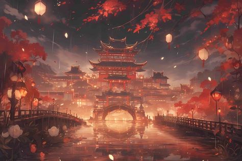 Chinese Place Aesthetic, Chinese Aesthetic Wallpaper Desktop, Chinese Wallpaper Desktop, Fantasy Temple Art, Chinese Background Landscape, Fantasy Temple, Computer Wallpaper Aesthetic, Aesthetic China, Ancient China Aesthetic