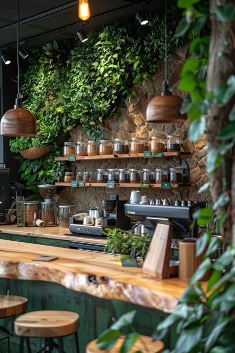 29 Coffee Bar Styling Ideas for a Café-Inspired Space - My Elegant Home Natural Coffee Shop Interior Design, Nature Cafe Outdoor, Cafe Green Interior, Plant Coffee Shop Interior Design, Cafe And Bar Interior Design, Mediterranean Coffee Bar, Coffee Shop Seating Cozy, Cafe Wood Interior, Natural Cafe Design