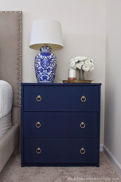 DIY Fabric Covered Nightstand Blue Bedroom Furniture, Navy Blue Bedrooms, Painted Bedroom Furniture, Cute Dorm Rooms, Bedroom Dresser, 아파트 인테리어, Night Stands, Trendy Bedroom, Blue Bedroom