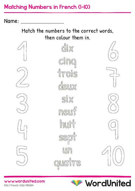 Using this matching activity worksheet, children can build their knowledge of numbers 1-10 in French. Includes answer sheet. Supports the following areas of learning within Key Stage 2: Languages. French Grade 1 Worksheets, French Numbers 1 To 10, French For Beginners Worksheets, Grade 2 French Worksheets, French Numbers Worksheet, French Activities For Kids, French Worksheets For Kids, French Worksheets For Beginners, Kindergarten French