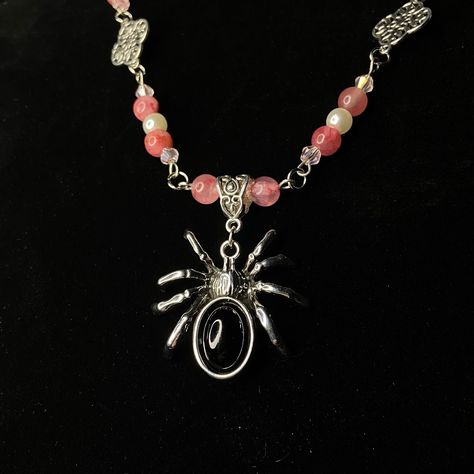 Available in shop in bio! Spider Necklace Necklace: -10 inches in length -faux pearl -pink jade -pink crystal beads -spider pendent One of a kind, Handmade jewelry from me to you. This is HANDMADE jewelry please remember not to tug, sleep in, or swim with in order to properly take care of. Message with any questions! All pieces handmade. #gothic #victorian #emo #vintage #coquette #emo #emofashion #gothicstyle #gothicfashion #jewelry #fashion #necklace #ny #nyfashion #victorian #victori... Spider Necklace, Beaded Spiders, Pink Jade, Vintage Coquette, Gothic Victorian, Gothic Necklace, Pearl Pink, Ny Fashion, Emo Fashion