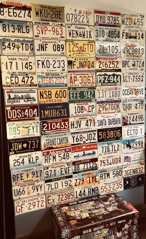 License Plate Collection, Plate Number Aesthetic, Vintage License Plates Decor Wall Art, License Plate Wall Decor Bedroom, Licence Plate Wall, Number Plate Aesthetic, License Plate Display Ideas, Number Plate Tattoo, License Plate Decor Wall Art