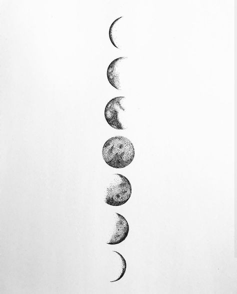 Moon Tattoo Spine, Moon Phases Tattoo Spine, Luna Tattoo Design, Moon Dotwork, Phases Of The Moon Tattoo, Moon Cycle Tattoo, Moon Phases Tattoo, Planet Tattoos, Moon Tattoo Designs