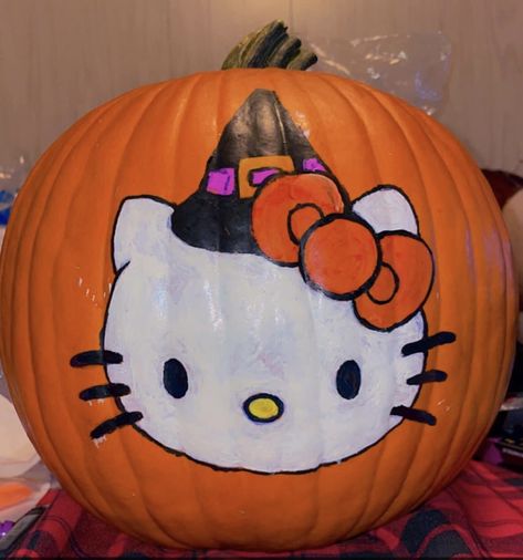 Hello Kitty Punkin Painting, Pumkin Paintings Idea Cute Hello Kitty, Painting Ideas On Pumpkins Cute, Painting Pumpkin Aesthetic, Pumpkin Inspiration Painting, Hello Kitty Painting Pumpkin, Hello Kitty Halloween Pumpkin Painting, Pumpkin Decorating Ideas Medical, Y2k Pumpkin Painting