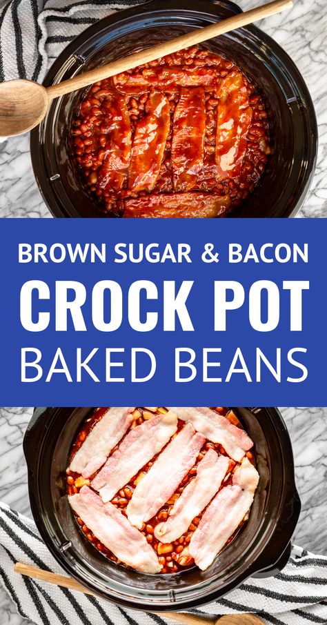 Crock Pot Baked Beans with Bacon & Brown Sugar -- you can't go wrong with your good ole' slow cooker when it comes to making baked beans for a crowd! This tried and true easy crock pot baked beans recipe is loaded with brown sugar bacon and is ideal for any summer gathering. | crock pot baked beans with bacon | crock pot baked beans canned | crock pot baked beans bush's | slow cooker baked beans #crockpotrecipes #slowcookerrecipes #bakedbeans #baconrecipes #memorialday #4thofjuly #laborday Baked Beans Recipe Crockpot, Crock Pot Baked Beans, Beans Recipe Crockpot, Baked Beans Crock Pot, Slow Cooker Baked Beans, Baked Beans With Bacon, Beans With Bacon, Beans In Crockpot, Homemade Baked Beans