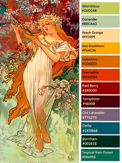 Art block is still super there, so have a palette from Mucha’s Printemps Color Pairs That Go Together, Color Schemes Digital Art, Colour Palette Watercolour, Painting Color Pallete, Alphonse Mucha Color Palette, Color Combinations For Art, Color Palettes That Go Together, Art History Color Palette, Art Color Palette Colour Schemes