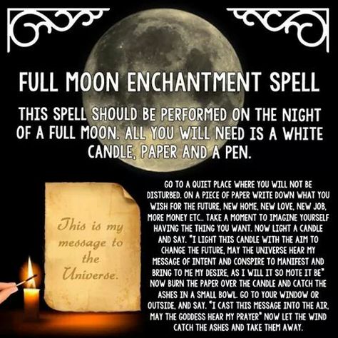 Full moon enchantment spell Full Moon Spells, Paganism Spells, Moon Spells, Moon Candle, Full Moon Ritual, Magick Spells, Candle Magick, Wiccan Spell Book, Wiccan Spells