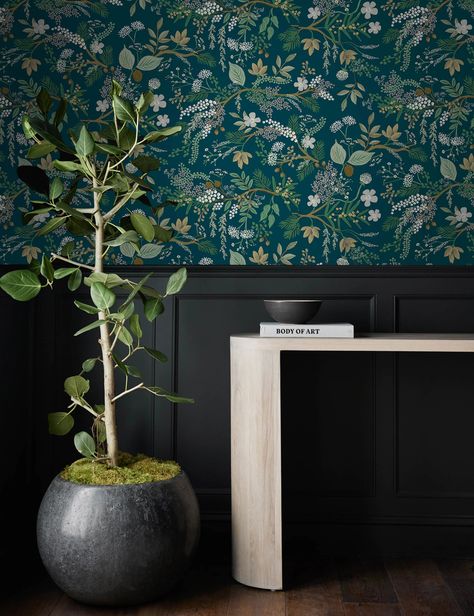 Juniper Forest Premium Peel + Stick Wallpaper by Rifle Paper Co. Juniper Forest Wallpaper, Moody Study, Apartment Wallpaper, Hanging Moss, Moody Palette, Moody Wallpaper, Traditional Family Room, Wallpaper Project, Wallpaper For Sale