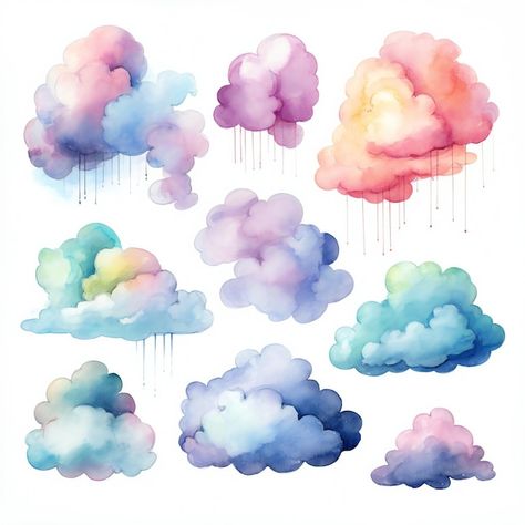 Photo colorful watercolor clouds clipart | Premium Photo #Freepik #photo Clouds Painting Watercolor, Cloud Watercolor Paintings, Cloud Art Aesthetic, Coloring Clouds, Colorful Clouds Painting, Cloud Graphic Design, Watercolour Clouds, Cloud Watercolor, Clouds Watercolor