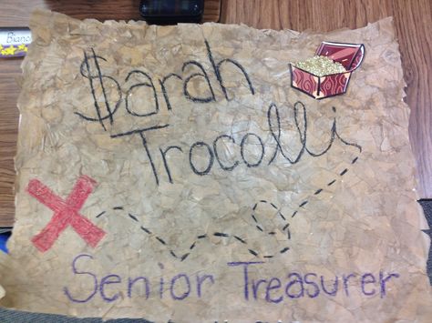 Running for class treasurer?? Here's a campaign poster idea! Rip up brown paper or brown paper lunch sacks and glue the prices to a board. Coat in glue then use crayon or paint to write your name and your slogan! It makes it look like a treasure map and everyone was really impressed! Asb Treasurer Poster Ideas, Student Council Campaign Posters Treasure, Poster For Treasurer, Elementary School Treasurer Poster, Campaign Posters For Treasurer, Sga Treasurer Poster Ideas, Running For Treasurer Posters, Student Treasurer Poster Ideas, Posters For Treasurer