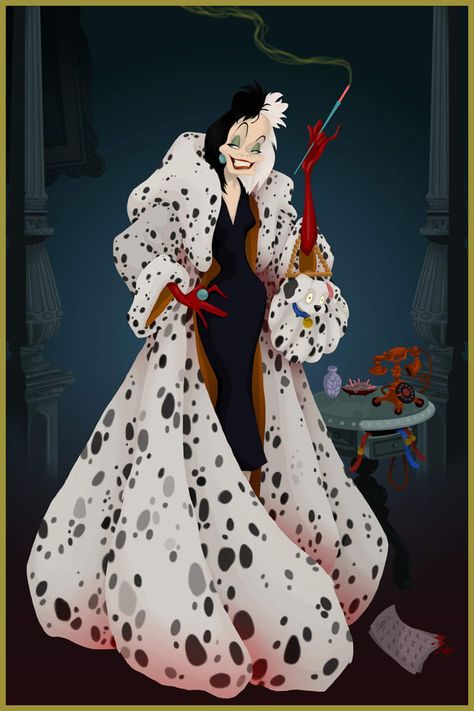 If Disney Villains Had Won - Cruella finally got enough Dalmatian furs to make the coat she always wanted. It's so nice to see dreams come true. Disney Movie Villains, Disney Amor, Cruella Deville, Images Disney, 101 Dalmatians, Lilo Stitch, Art Series, Disney Films, Disney Villains