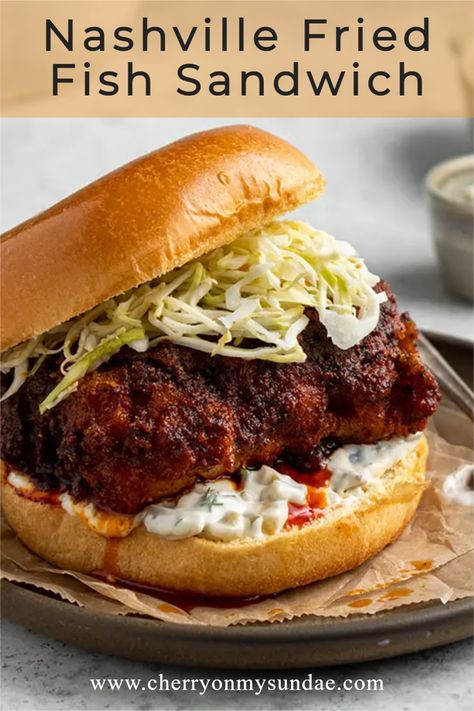 There's nothing more satisfying than a freshly made Nashville fried fish sandwich made complete with tartar sauce and vinegary cabbage. #fishsandwich #sandwichrecipe #friedfish #nashville #spicyfoods Fried Halibut Sandwich, Low Carb Fish Sandwich, Fried Flounder Sandwich, Gourmet Fish Sandwich, Grilled Fish Sandwich Recipes, Crispy Fish Sandwich, Fish Burgers, Fried Fish Sandwich Recipes, Fried Fish Sandwich