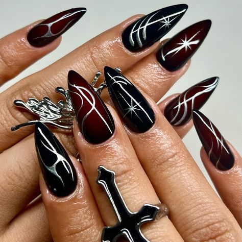 ⛓️🥀 . Inspo from @chibimoon.nails . @vbeautypure 048 @favai_official Airbrush @haenails @izemikorea Silver chrome gel . . #nails #nailart #nailinspo #naildesign #handdrawn #miami #miamigardens #miamilakes #hialeah #wynwood #doral #miramar #pembroke #nailtech #nailartist #gelx #gelextensions #apres #naturalnails #overlay #structuredmani #watchmework #beforeandafter #nailsofinstagram #305 #red #aura #black #chrome #edgy Red And Black Gel X Nails, Black With Silver Chrome Nails, Matte Black And Chrome Nails, Red And Silver Chrome Nails, Black And Red Chrome Nails, Black And Red Aura Nails, Red Black Silver Nails, Red Airbrush Nails, Black And Chrome Nails Designs