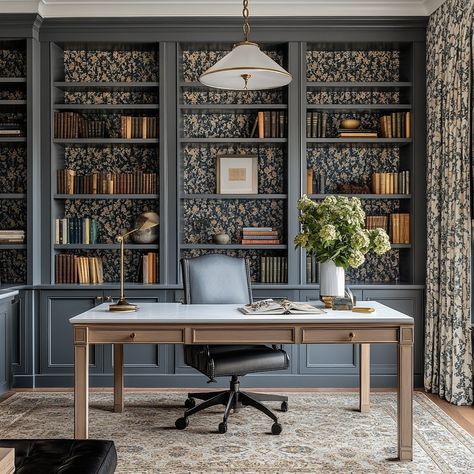 Working on various Home Office projects at the moment and I keeping being drawn back in, to built-ins, fun wallpaper and patterns patterns patterns !! I meeeeaan your office should be inspiring right? Design by: @baileybaxterinteriors #interiordesign #interiordesignersandiego #sdinteriors #sandiegodesigner #sandiegocontractor #sandiego #home #homestyle #officedesign Home Library Wallpaper, Luxe Office Design, Wallpaper In Back Of Bookcase, Bookshelf Wallpaper Backing, Office Library Built Ins, Shelves With Wallpaper Background, Wallpaper Backed Bookcases, Wallpaper Bookcase Back, Wallpaper On Bookshelves