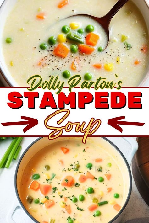 This copycat recipe for Dolly Parton's Stampede soup is spot-on! It's a creamy chicken and vegetable soup the entire family will enjoy. Hatfield And Mccoy Creamy Vegetable Soup Recipe, Dixie Stampede Creamy Vegetable Soup, Dixie Stampede Soup, Stampede Soup, Family Feast Recipes, Chicken And Vegetable Soup, Creamy Vegetable Soup, Feast Recipes, Vegetables Soup