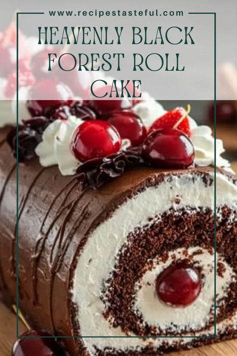 Indulge in this rich and decadent Heavenly Black Forest Roll Cake, featuring a chocolate sponge filled with luscious cherries and whipped cream. This dessert is perfect for special occasions or a delightful treat any time. Sponge Cake Roll Recipe, Black Forest Cherry Cake, Black Magic Cake, Sponge Cake Roll, Black Forest Cake Recipe, Cake Roll Recipes, Chocolate Sponge Cake, Black Forest Cake, Forest Cake