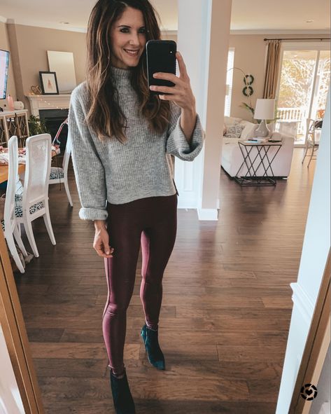 Love this burgundy color! Only $40 #fauxleather #leggings Burgundy Leggings Outfit, Faux Leather Leggings, Burgundy Color, Leather Leggings, Influencer, Love This, Faux Leather, Mirror Selfie, Leggings