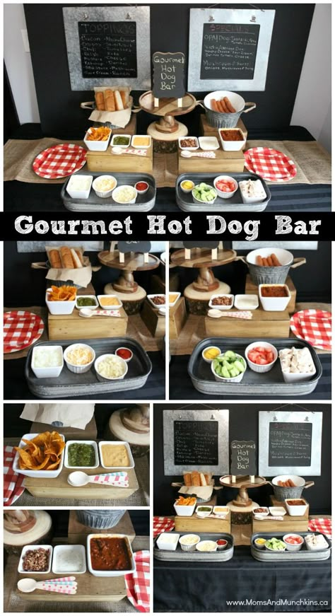 Gourmet Hot Dog Bar including ideas for party decorations, recipe ideas, hot dog toppings, and more. This is a great idea for a BBQ party! Gourmet Hot Dog Bar, Buffett Table, Ideas For Party Decorations, Backyard Wedding Food, Hot Dog Party, Party Food Bars, Wedding Buffet Food, Party Food Bar, Gourmet Hot Dogs