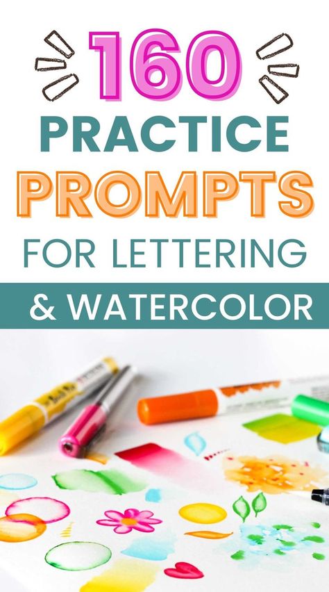 Feeling stuck in your art practice? This free list of 80 lettering and 80 watercolor art prompts will get you excited to start creating art, using your art supplies, and having FUN. 160 quick and easy daily practice prompts for lettering and watercolor painting. Creative art practice ideas | brush lettering | calligraphy | watercolor painting for beginners | simple art ideas | brush pen art Simple Art Ideas, Pretty Fonts Alphabet, Brush Lettering Font, Modern Calligraphy Alphabet, Watercolor Hand Lettering, Calligraphy Watercolor, Ideas Watercolor, Watercolor Painting For Beginners, Hand Lettering For Beginners