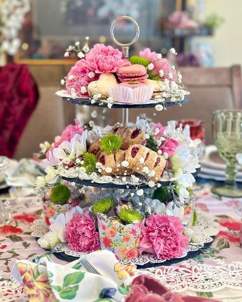 Erminda Dominguez on Instagram: "🌼🌷💝🌷🌼WELCOME to the FLOWER LOVIN’ FRIENDS DECOR ENGAGEMENT TOUR! Let’s brighten the world with Flowers! 🌷 🌸So I had this vision in my imagination for a tiered tray filled with flowers and treats as a centerpiece. I thought it would be perfect for my Galentine’s tablescape. Don’t you just love it when you can bring your vision to life? **Hostess note: This one was for decorative use only since I believe it’s best to use faux florals in case your guests are Tiered Centerpiece Ideas, Tea Tiered Tray, Wedding Dessert Tiered Tray, 3 Tier Tea Stand, Tea Time Tiered Tray, Tiered Dessert Tray, Tea Sterling Silver Tier Tray Setup, 3 Tier Stand, Party Trays