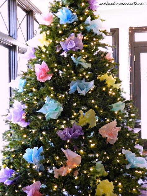 Dollar Store Tissue Paper Tree Tissue Paper Tree On Wall, Tissue Paper Tree Bulletin Board, Store Tissue Paper, Tissue Paper Tree, Christmas Tree Tissue Paper Craft, Tissue Paper Trees, Dinosaur And Unicorn Christmas Tree, Tissue Flowers, Summer Trees