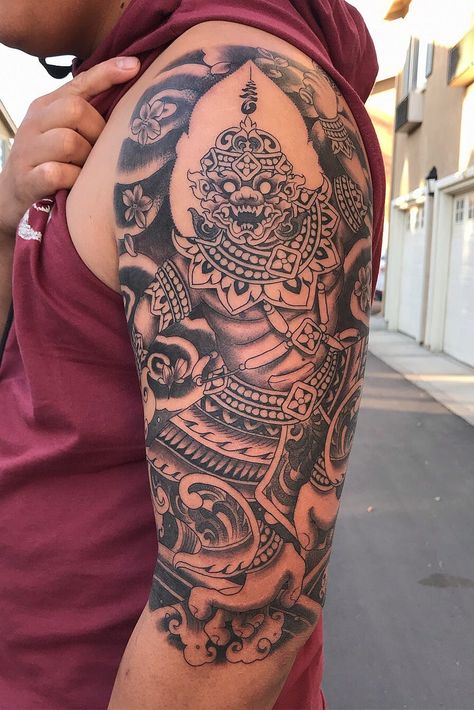 Cambodian Warrior Tattoo, Khmer Hanuman Tattoo, Cambodian Sleeve Tattoo, Thai Sleeve Tattoo, Cambodian Tattoo Khmer, Laos Tattoos, Thai Buddha Tattoo, Thai Tattoo Men, Laos Tattoo