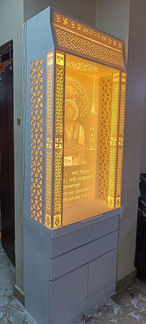 Temple In Home, Design For Temple, Backlit Panel, Pooja Door, Pooja Unit, Pooja Door Design, Mandir Design, Temple Design For Home, Jain Temple