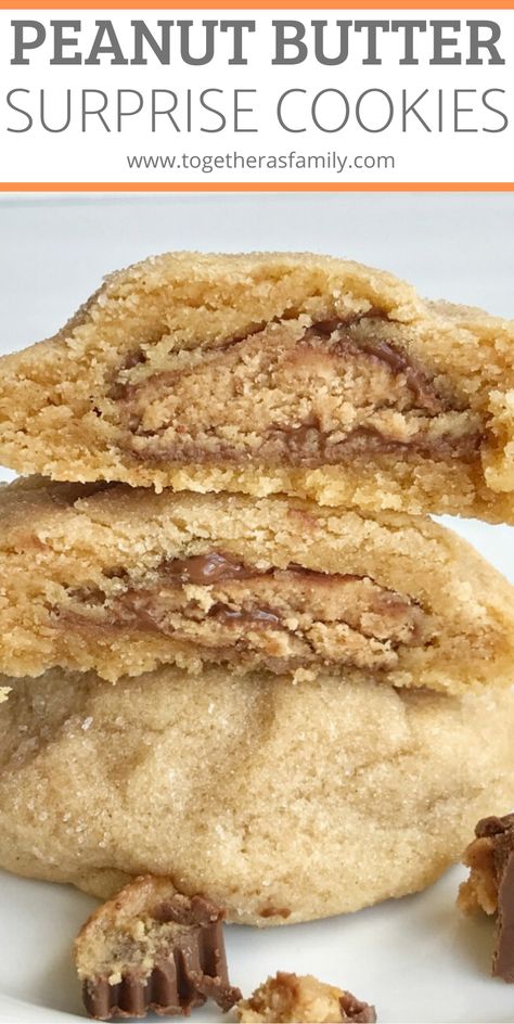 Peanut Butter Surprise Cookies, Reese Cup Stuffed Cookies, Reeses Stuffed Cookie, Peanut Butter Cup Stuffed Cookies, Stuffed Cookie Recipes Middle, Reese’s Stuffed Cookies, Fancy Peanut Butter Cookies, Cookies With Peanut Butter Cup, Peanut Butter Cup Cookies Recipe