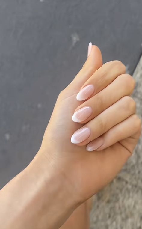 Simple Bride Nails Almond, Bride Nails Round, Soft French Almond Nails, Clean Nails Aesthetic French, Pale French Tip Nails, Faint French Tip Nails, Mini French Nails Almond, Bridal Nails Almond Shape Short, Milky French Manicure Oval