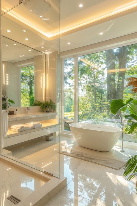 Discover Serenity: Luxurious Bathroom Oasis with Nature Views Big Baths For Two, Bathroom With View Window, Bathroom With Lots Of Windows, Bathtub In Room, Lux Bathroom Ideas, Bathroom Big Window, Dream Bathrooms Luxury Modern, Standalone Bathtub, Dream Bathroom Luxury