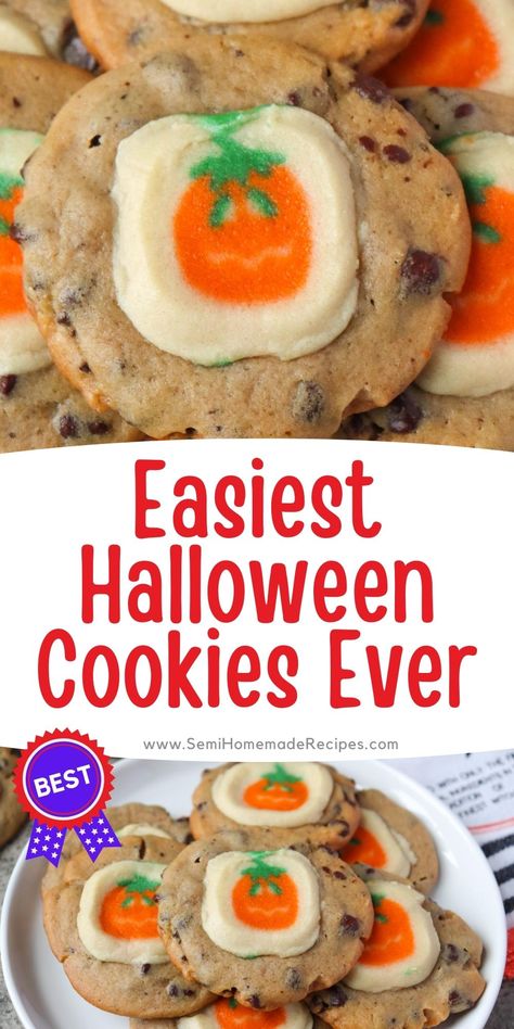 Easiest Halloween Cookies Ever - premade chocolate chip cookie dough and premade pumpkin sugar cookie dough come together to make some of the Easiest Halloween Cookies that you'll ever make. What To Make With Cookie Dough, Sugar Cookie Chocolate Chip Cookies, Halloween Easy Cookies, Easy Halloween Cookies For Kids, Pillsbury Cookie Dough Ideas, Pillsbury Turkey Cookies, Premade Cookie Dough Ideas, Halloween Theme Cookies, Premade Cookie Dough Recipes