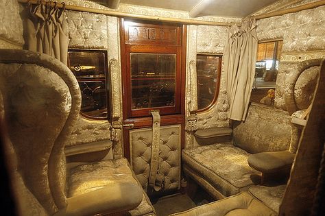 The interior of the state carriage of Carlow. Princess Morgen sat in the wing chair on the left. The windows are much larger. See the exterior photo of the state carriage for an example. Carriage Interior, Train Carriage, Royal Train, National Railway Museum, Luxury Train, Railway Museum, Horse Carriage, Interior Aesthetic, Ulsan