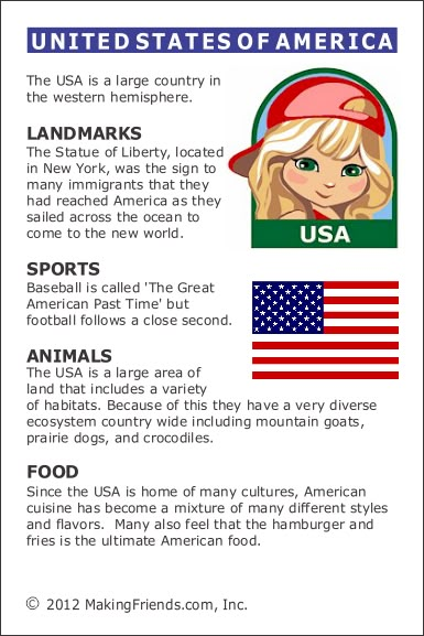 USA Fact Card for your Girl Scout World Thinking Day or International celebration. Free printable available at MakingFriends.com. Fits perfectly in the World Thinking Passport, also available at MakingFriends.com Facts About America, Usa Facts, Around The World Theme, Geography For Kids, Country Studies, Girl Scout Activities, Homeschool Geography, Country Facts, World Thinking Day