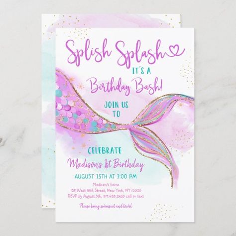 Mermaid Pink Purple Gold Watercolor Birthday Invitation Purple Birthday Invitation, Purple Birthday Invitations, Mermaid Pool Parties, Pink Gold Birthday, Mermaid Pink, Watercolor Mermaid, Mermaid Invitations, Gold Mermaid, Mermaid Birthday Invitations