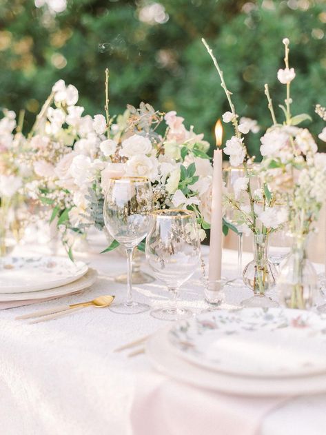 Read More: https://www.stylemepretty.com/2021/05/12/a-whimsical-garden-wedding-with-a-french-chapel-at-the-marquess-an-old-world-estate/ Wedding Florals Whimsical, French Style Wedding Decor, Tuscany Wedding Flowers, Ethereal Wedding Flowers, French Garden Wedding Theme, Whimsical Wedding Table Decor, Vintage Garden Party Wedding, Whimsical White Wedding, Picnic Moodboard