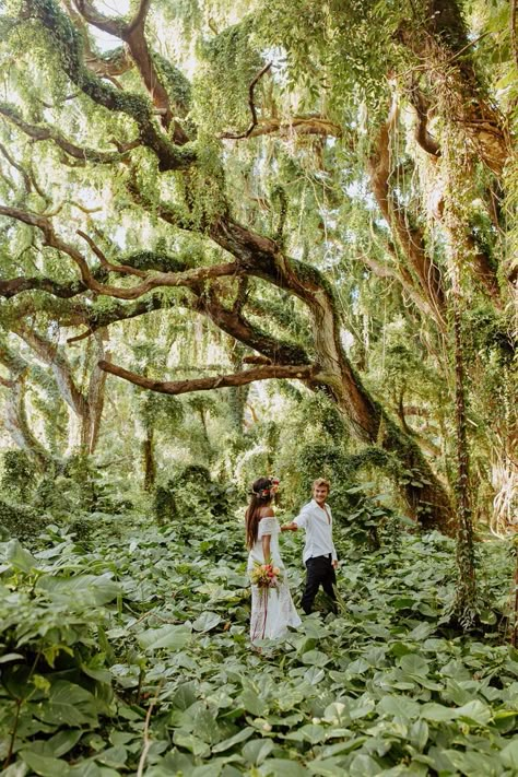 Kauai Wedding Ideas, Maui Hawaii Couple Pictures, Jungle Photoshoot Ideas Couple, Honolua Bay Maui, Hawaii Beach Elopement, Jungle Beach Wedding, Laie Hawaii Temple Wedding, Jungle Wedding Photos, Intimate Hawaii Wedding