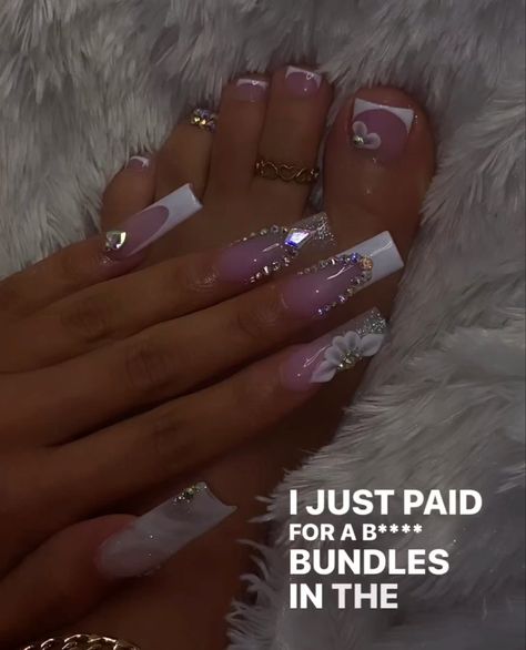 Acrylic Toes And Nails Matching, Full Set And Pedicure Ideas, Hand And Toes Nails Matching, Matching Medi Pedi, Birthday Mani Pedi Ideas, Matching Pedicure And Manicure Ideas, Nails And Feet Set Ideas, White Birthday Nail Ideas, Toe And Nail Set