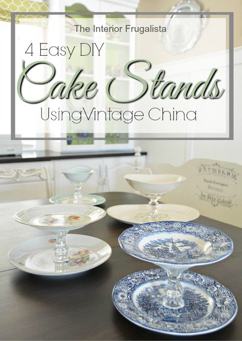 Easy DIY Tiered Cake Stands using four sets of Vintage China | The Interior Frugalista Diy Tiered Cake, Easy Diy Cake, Diy Cake Stands, Dollar Store Candlesticks, Cake Plates Diy, Repurposed China, Tableware Ideas, Art Booth, Tiered Cake Stands