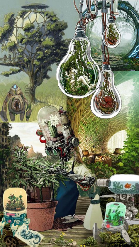 #fantasy #dreamscape #nature #green #aesthetic #moodboard #future Plant Technology Aesthetic, Ecopunk Concept Art, Solarpunk Aesthetic Room, Solar Punk Wallpaper, Nature And Technology Aesthetic, Solar Punk Decor, Plant Cyberpunk, Nature Punk Aesthetic, Solarpunk Decor