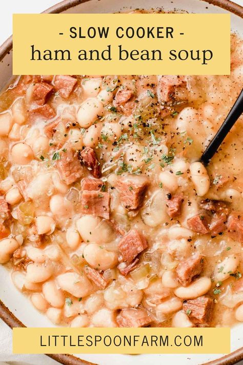 Slow Cooker Ham and Bean Soup is a hearty, delicious, comforting crock pot recipe with creamy white beans that's perfect for using up leftover ham! Toss the ingredients into your crock-pot and let it do all the work. Warm, comforting and so easy to make. Ham Bean Soup Crockpot, Slow Cooker White Beans, Ham Soup Crockpot, November Meals, Bean Soup Crockpot, Red Beans And Rice Recipe Easy, Beans Recipe Crockpot, White Beans And Ham, Beans And Ham