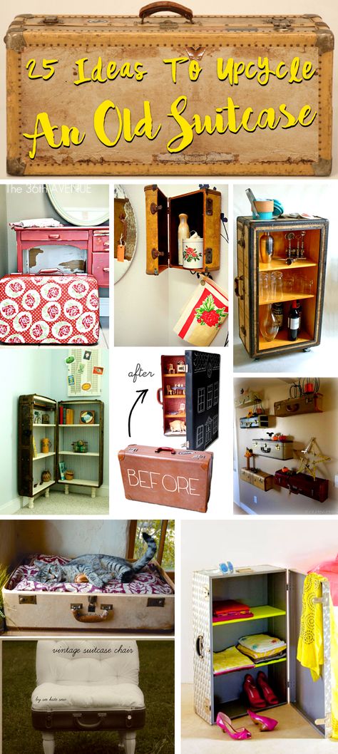 25 Incredible Ideas To Upcycle An Old Suitcase Almost Effortlessly Vintage Suitcase Decor Ideas, Old Suitcase Ideas Repurposed, Old Suitcase Ideas, Suitcase Craft, Suitcase Makeover, Decoupage Suitcase, Suitcase Furniture, Suitcase Display, Suitcase Ideas