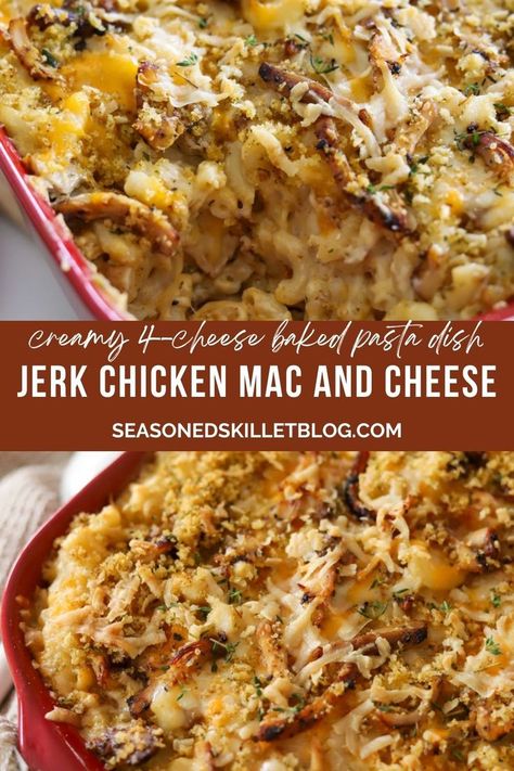 Jerk Chicken Mac and Cheese Chicken Mac N Cheese, Jerk Chicken Pasta, Chicken Mac And Cheese Recipe, Chicken Mac And Cheese, American Comfort Food, Baked Pasta Dishes, Crockpot Chicken Thighs, Chicken And Pasta, Jerk Pork