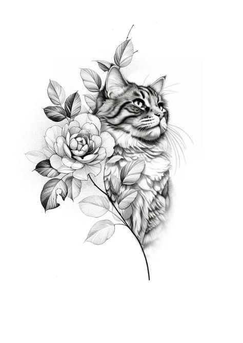 Eye With Flowers Tattoo, Mainecoon Tattoo, Flower Cat Drawing, Cat Tattoo Portrait, Cat And Flower Tattoo, Traditional Black Cat Tattoo, Calico Cat Tattoo, Cat Flower Tattoo, White Cat Tattoo